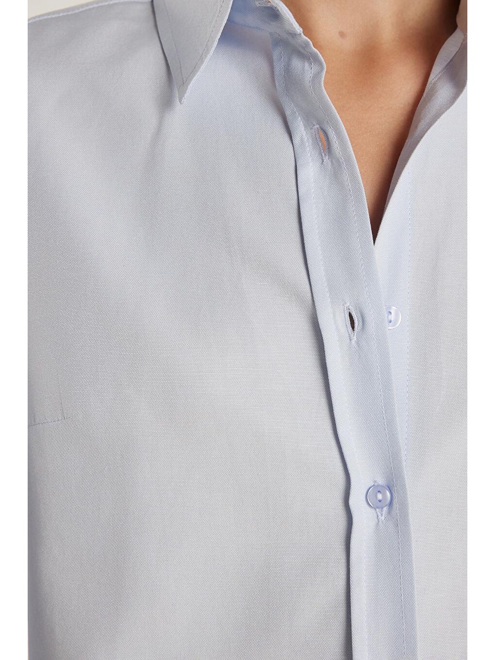 Kadın Slim Fit Dar Kesim Uzun Kollu Pamuklu Vücuda Oturan Dokulu Mavi Basic Gömlek-2