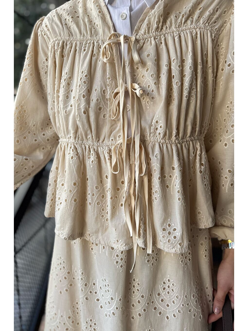 Bej Kadın Ön Bağlamalı Fistolu Bluz Etek Tesettür İkili Takım-4