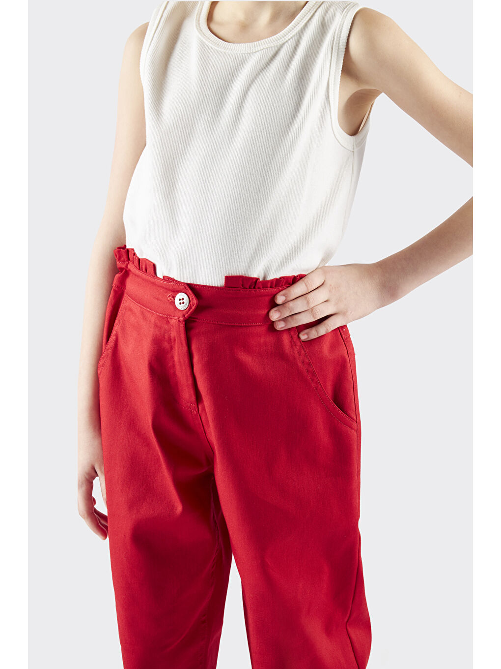 Kırmızı Kız Çocuk Kemeri Fırfır Detaylı Pantolon-6