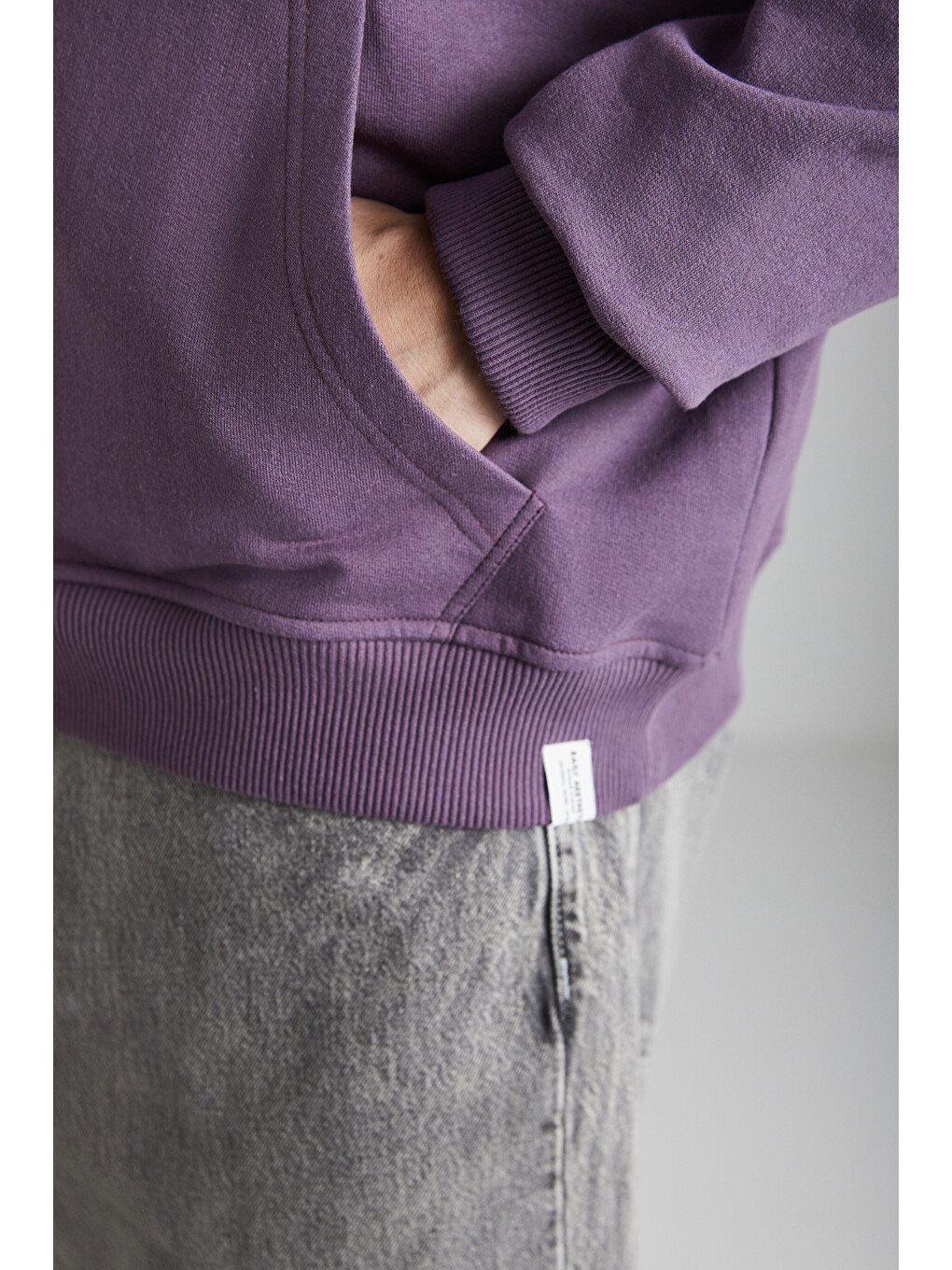 Erkek Içi Polarlı Organik Pamuklu Regular Kanguru Cepli Kapüşonlu Mor Sweatshirt-4