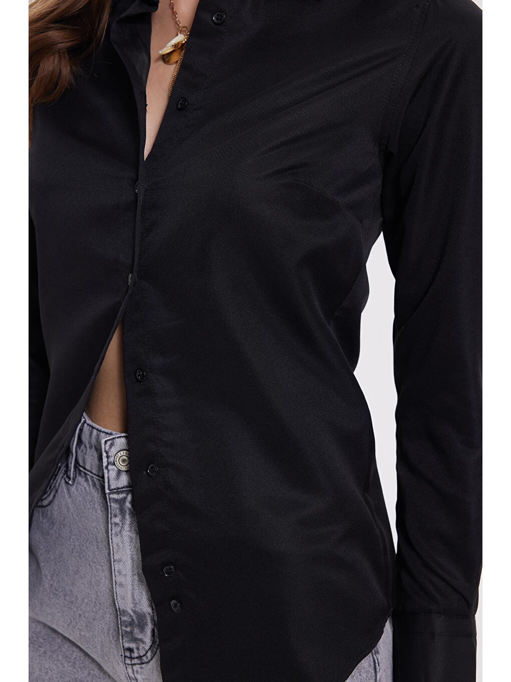 Kadın Slim Fit Dar Kesim Vücuda Oturan Uzun Kollu Siyah Basic Gömlek-3