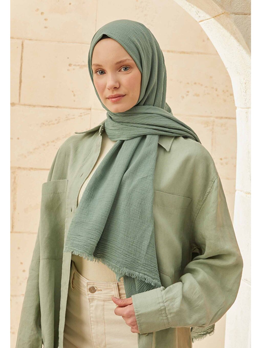 Organik Pamuk Şal Mint Yeşili-1