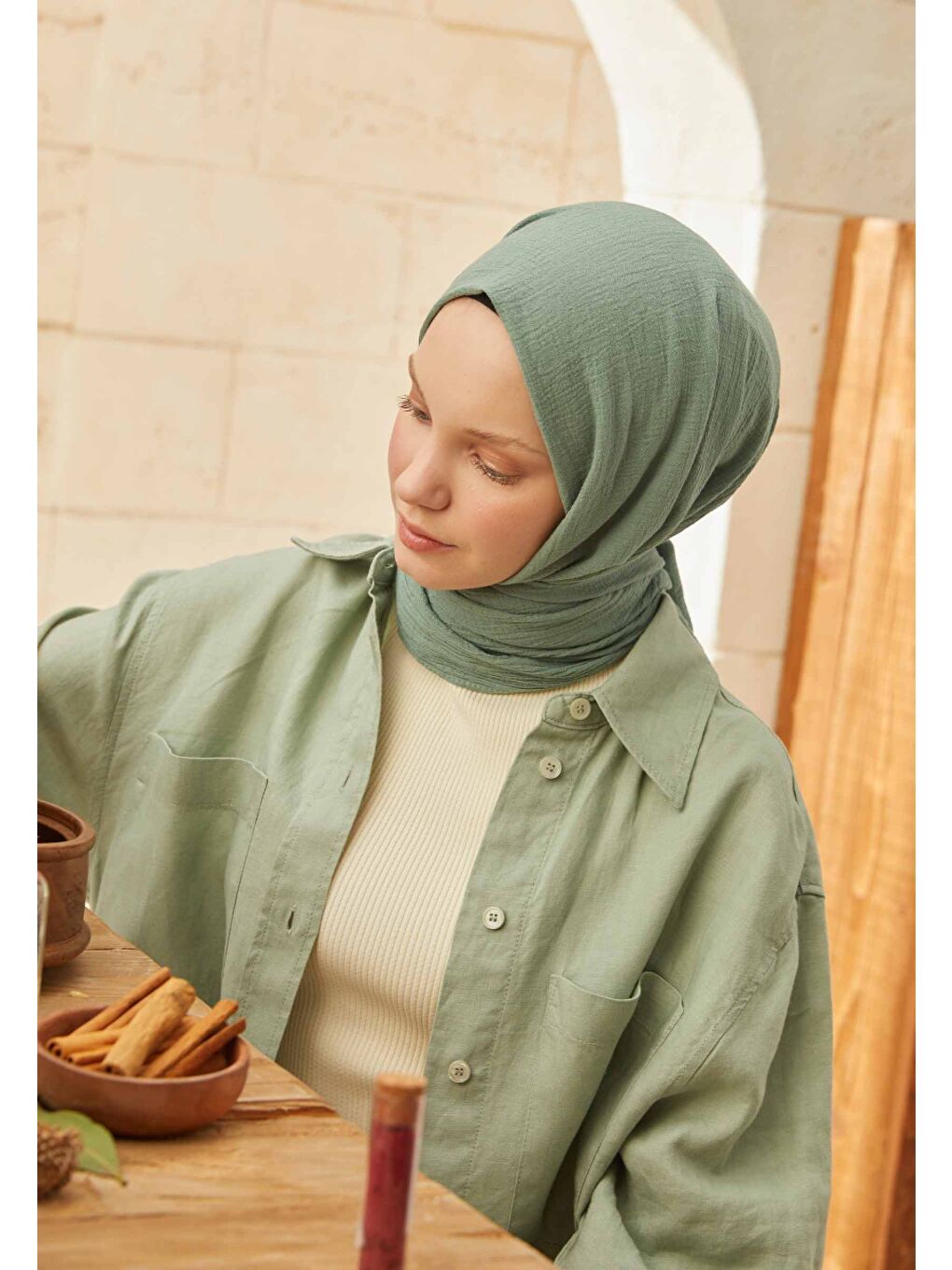 Organik Pamuk Şal Mint Yeşili-2