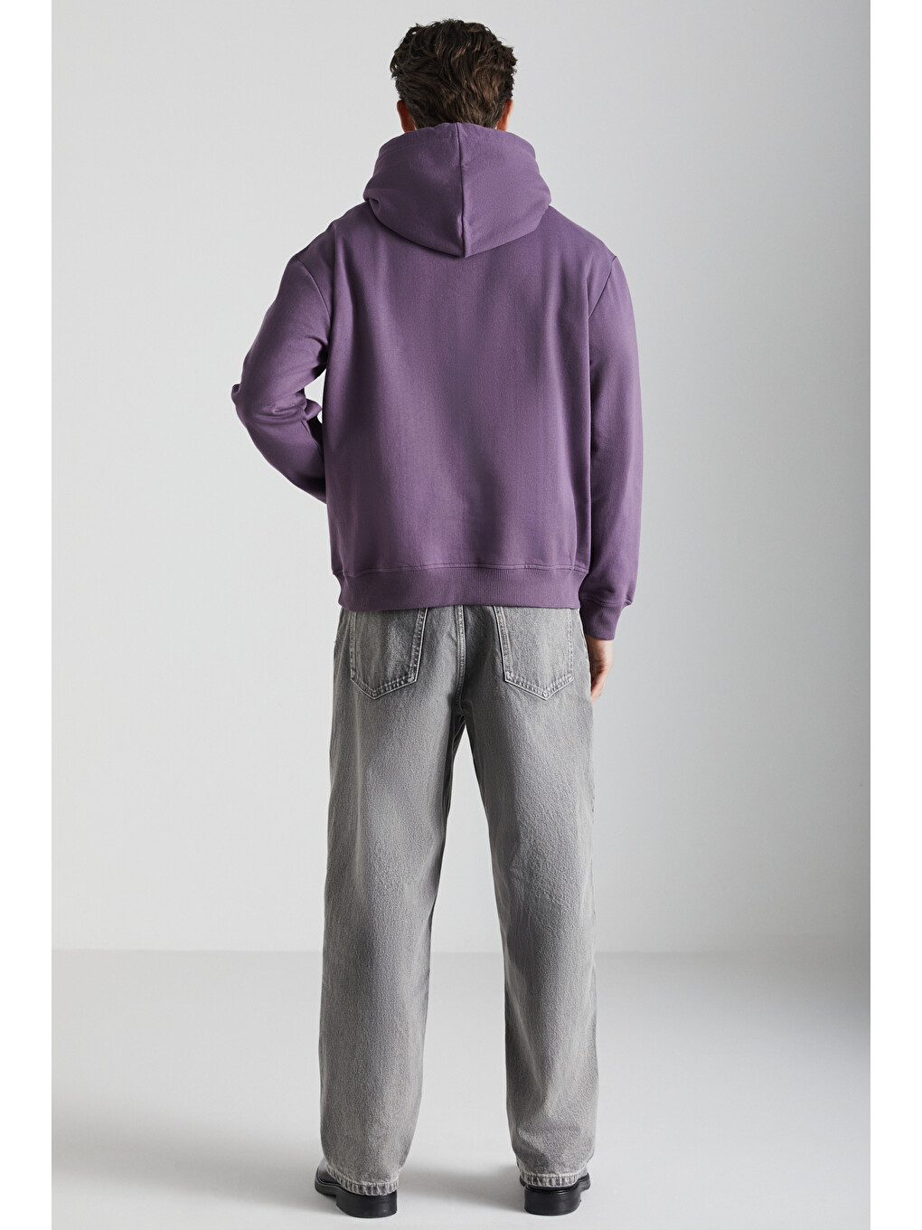 Erkek Içi Polarlı Organik Pamuklu Regular Kanguru Cepli Kapüşonlu Mor Sweatshirt-5