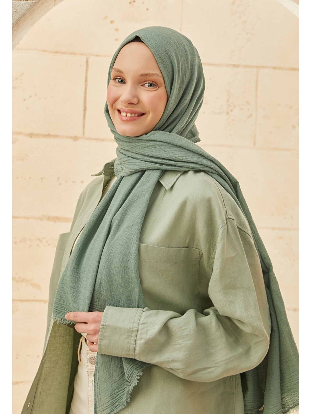 Organik Pamuk Şal Mint Yeşili-3