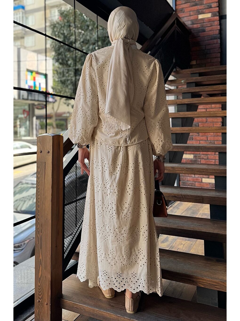 Bej Kadın Ön Bağlamalı Fistolu Bluz Etek Tesettür İkili Takım-7