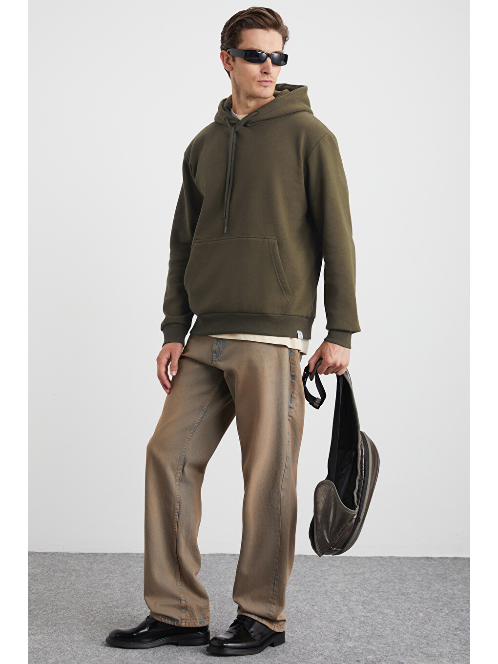 Yokohama Erkek Içi Polarlı Organik Pamuklu Regular Kanguru Cepli Kapüşonlu Haki Sweatshirt-3