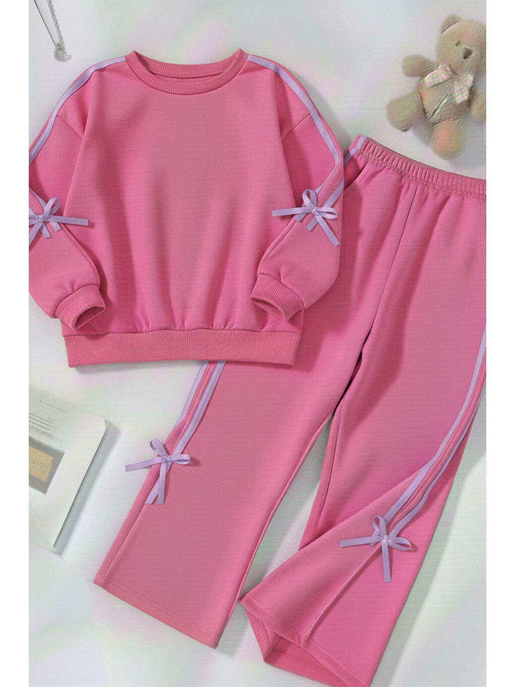 Pembe Kız Çocuk Çift Şerit Kurdele Üç İplik Eşofman Takımı 3-10 Yaş 12340-1
