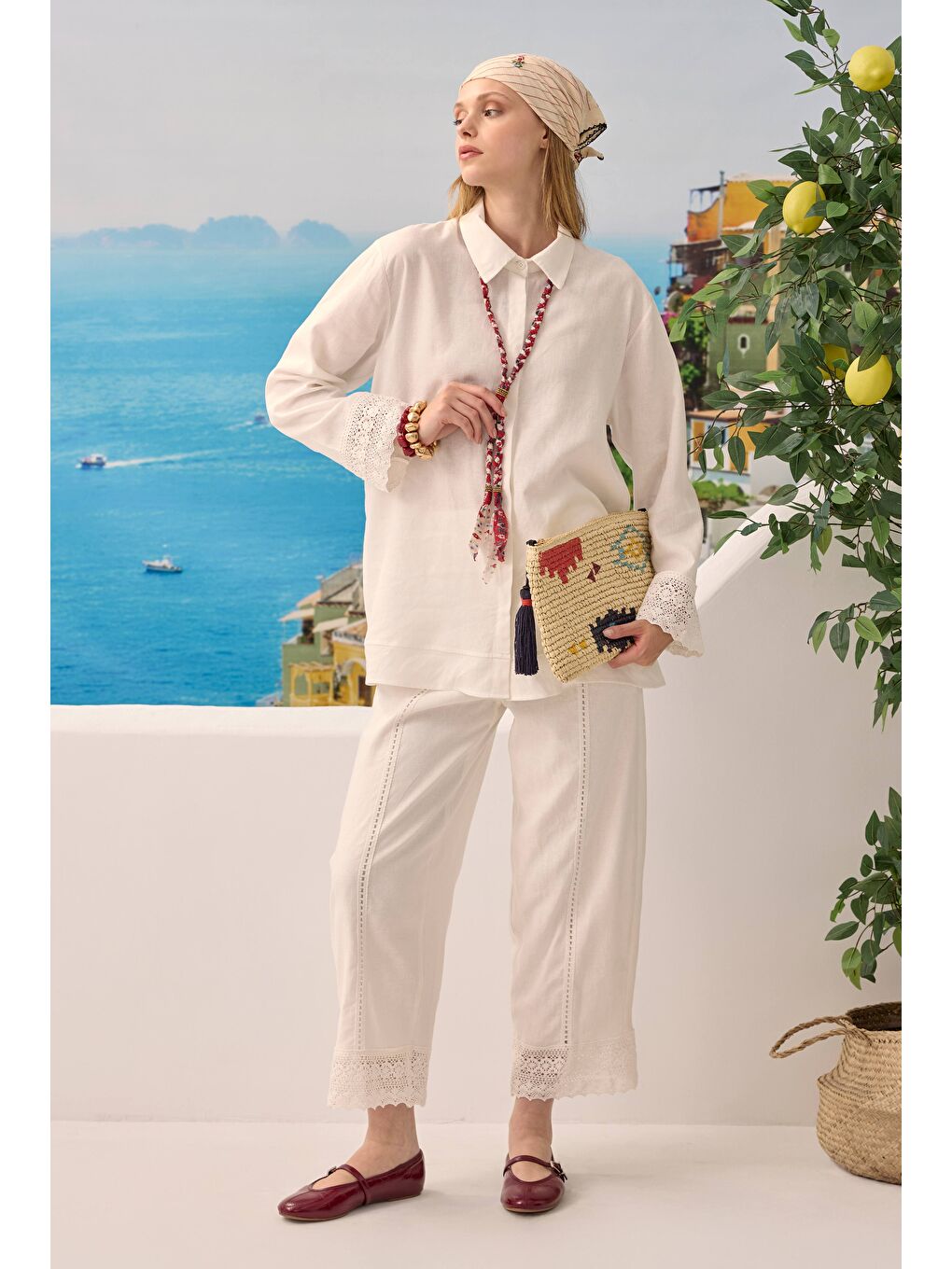 Güpürlü Keten Pantolonlu Takım Ekru