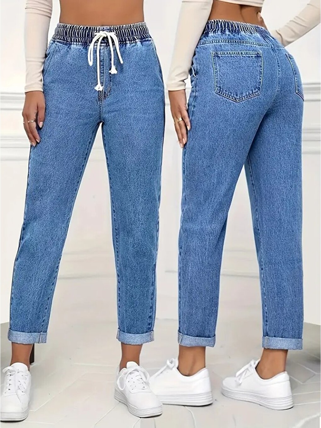 Mavi Kadın Yüksek Bel Bağcıklı Jean Pantolon-2