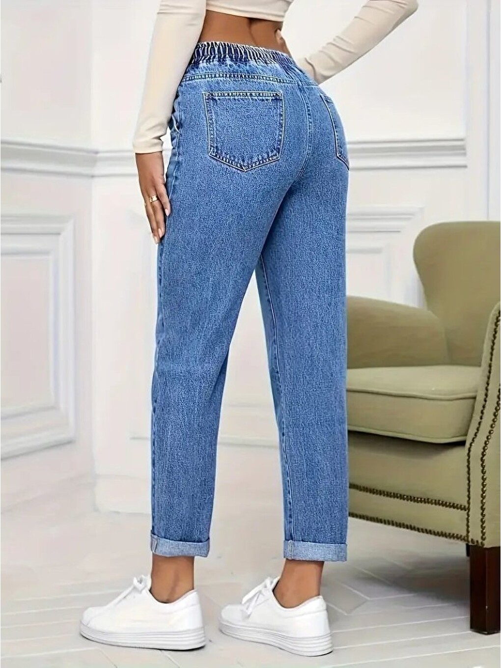 Mavi Kadın Yüksek Bel Bağcıklı Jean Pantolon-4