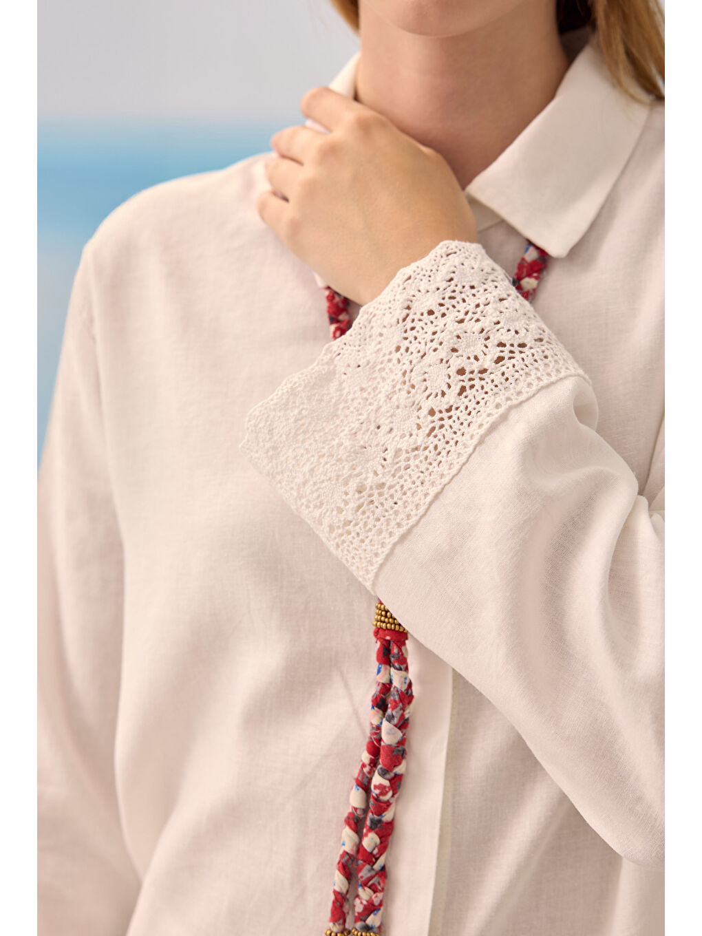 Güpürlü Keten Pantolonlu Takım Ekru-1