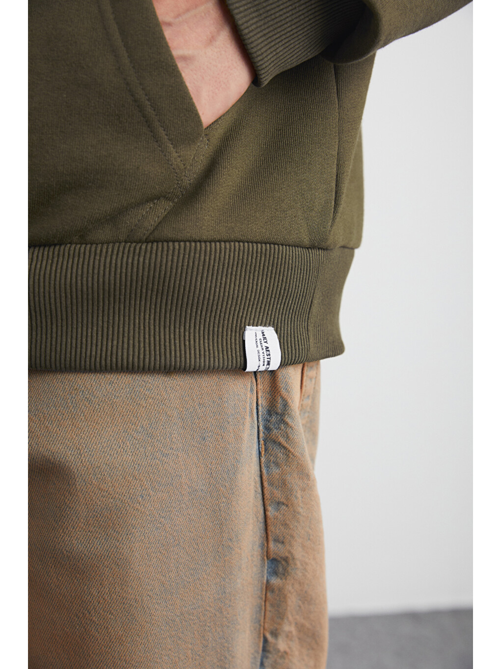 Yokohama Erkek Içi Polarlı Organik Pamuklu Regular Kanguru Cepli Kapüşonlu Haki Sweatshirt-4