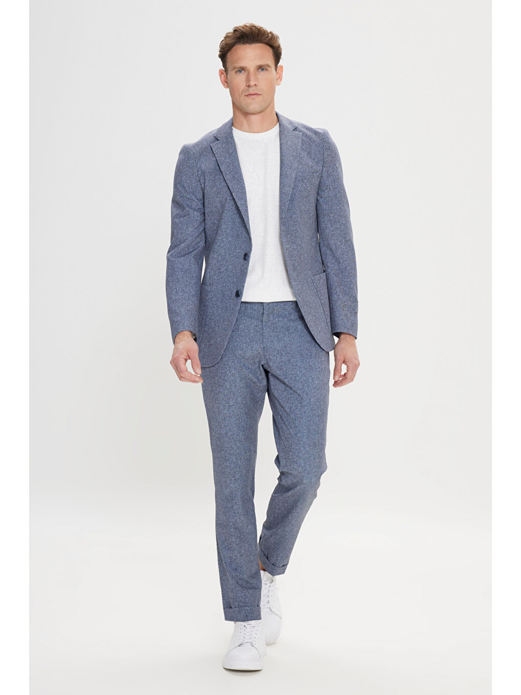 Erkek Lacivert Slim Fit Mono Yaka Beli Bağlamalı Desenli Takım Elbise