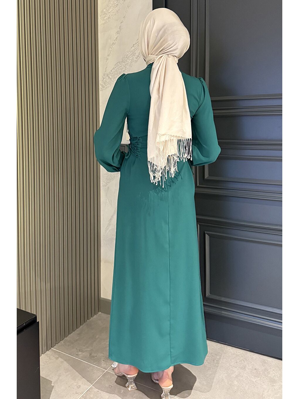 Yeşil Yan Bağlamalı Tesettür Elbise-6