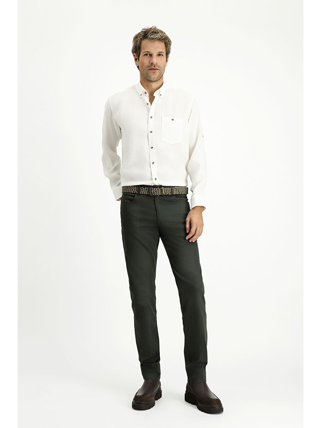 Ekru Uzun Kol Regular Fit Düğmeli Yaka Spor Gömlek-2