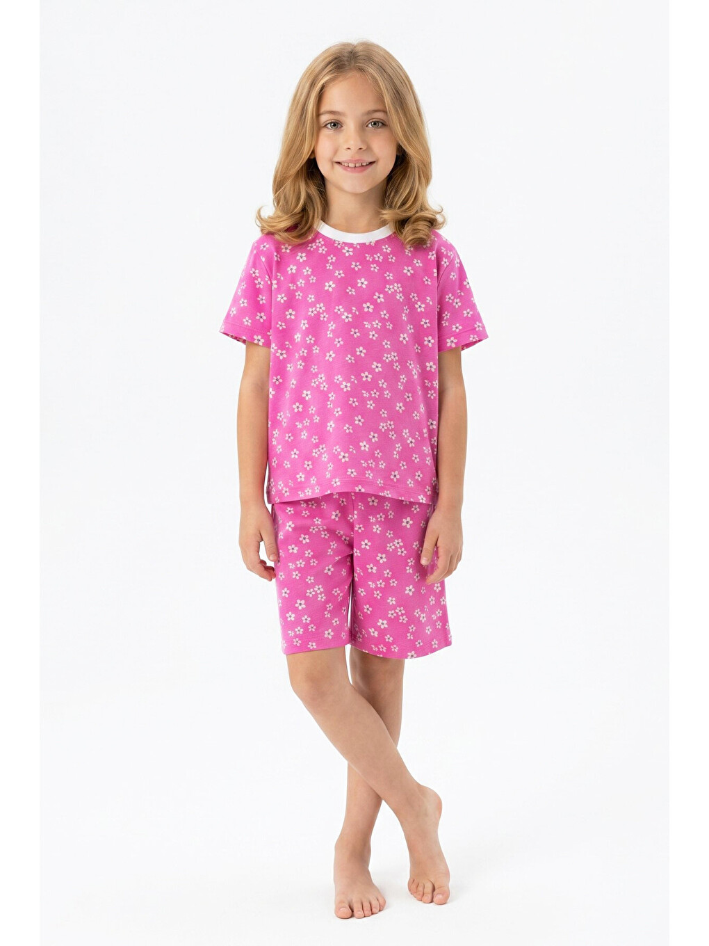 Pembe Kız Çocuk %100 Pamuk Ve Şortlu Pijama Takımı 3-8 Yaş 12747ıs