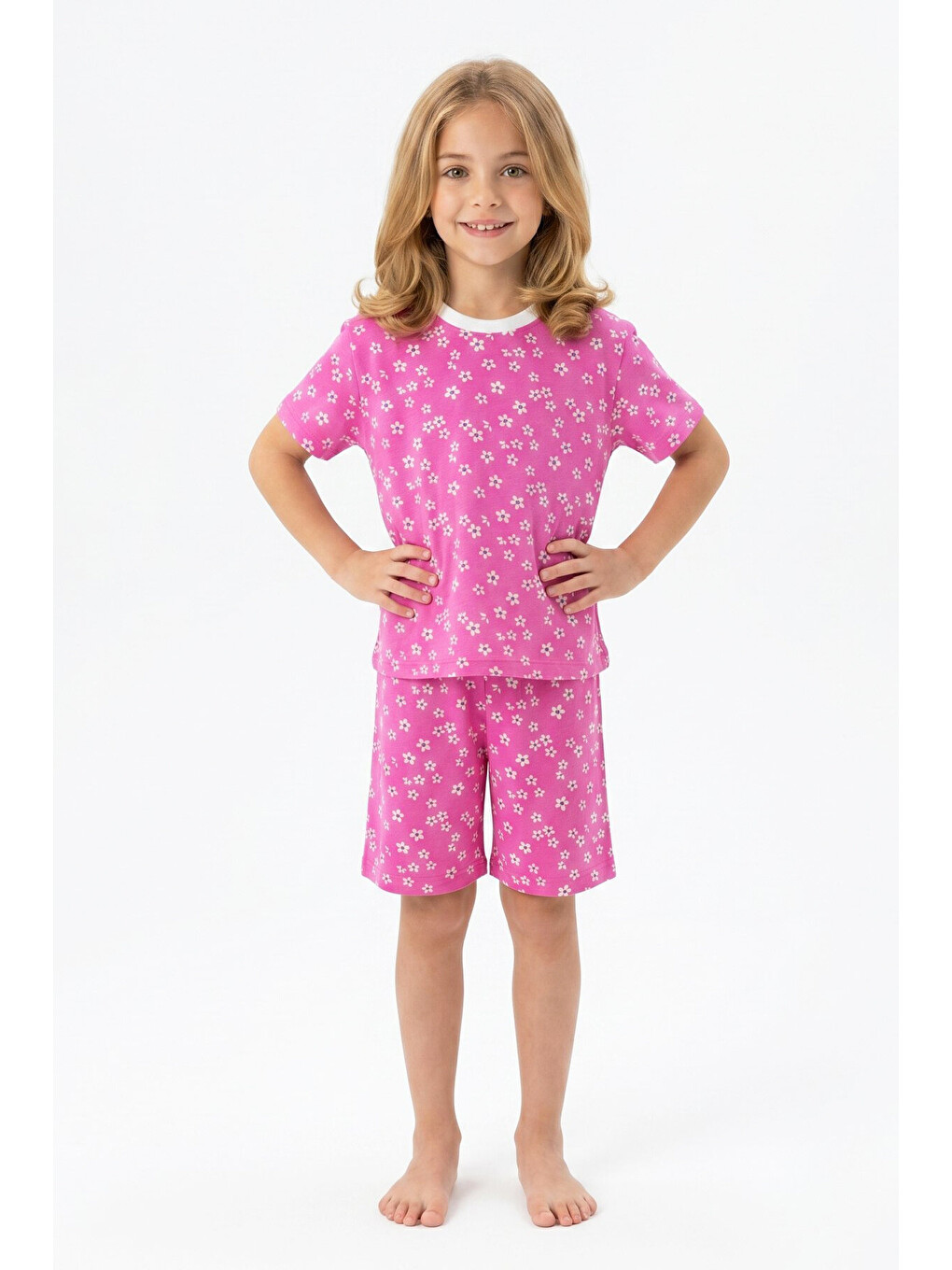 Pembe Kız Çocuk %100 Pamuk Ve Şortlu Pijama Takımı 3-8 Yaş 12747ıs-1