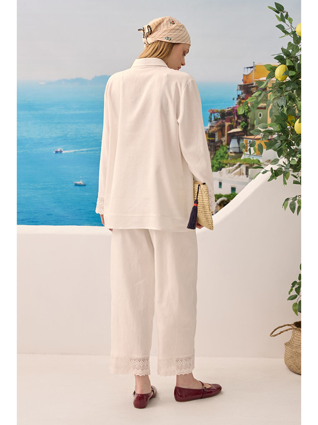 Güpürlü Keten Pantolonlu Takım Ekru-2
