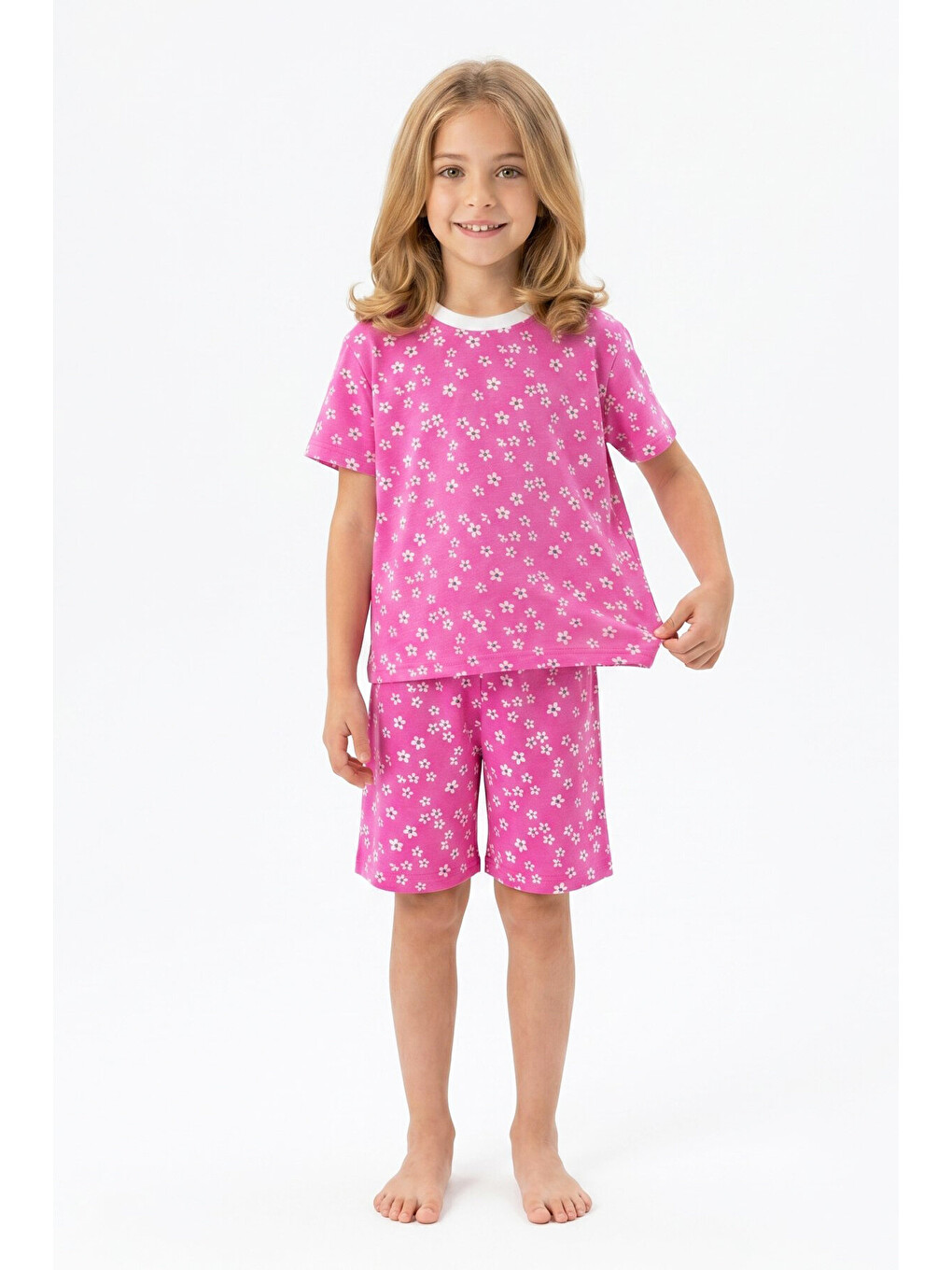Pembe Kız Çocuk %100 Pamuk Ve Şortlu Pijama Takımı 3-8 Yaş 12747ıs-2