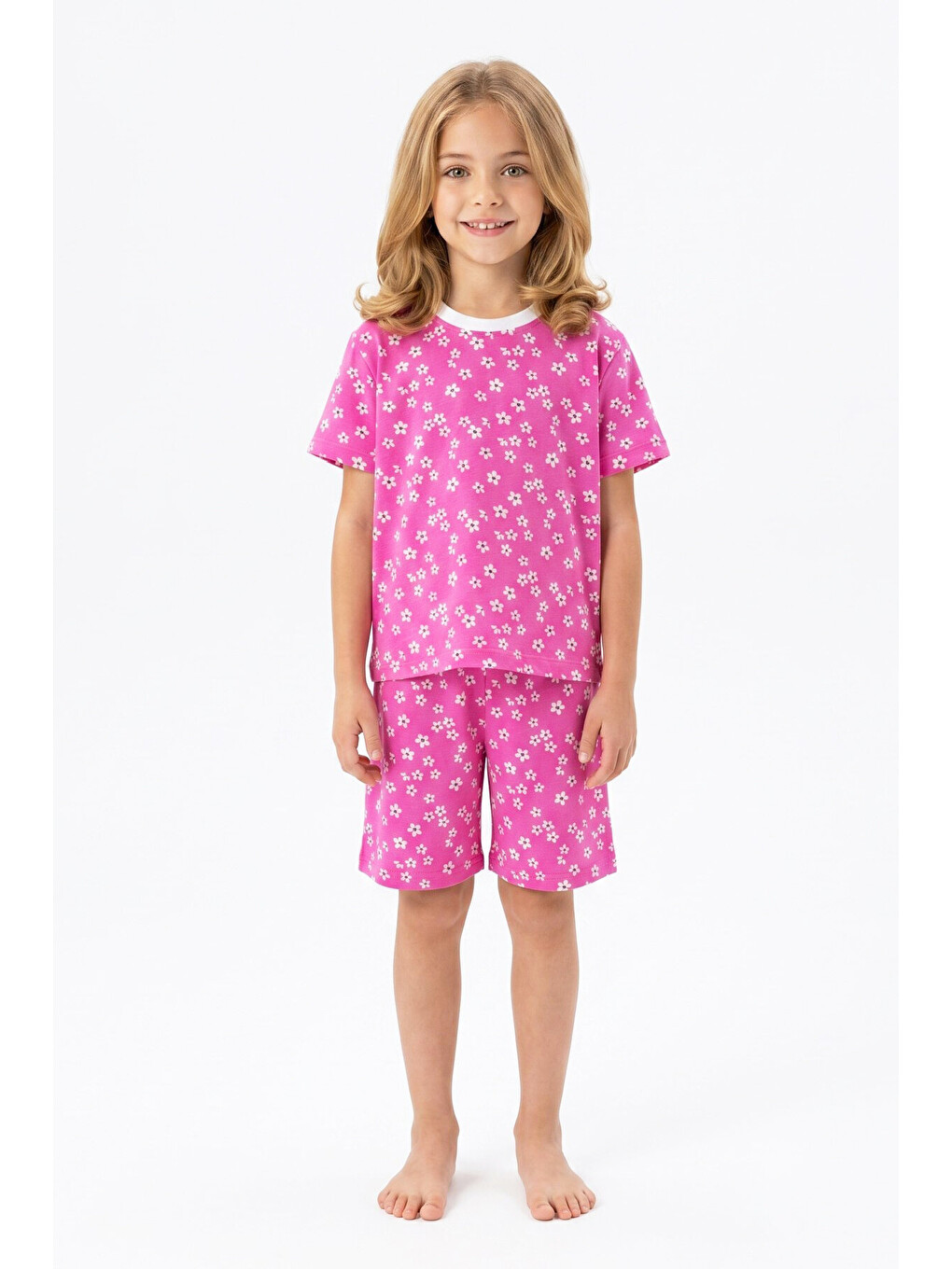 Pembe Kız Çocuk %100 Pamuk Ve Şortlu Pijama Takımı 3-8 Yaş 12747ıs-3