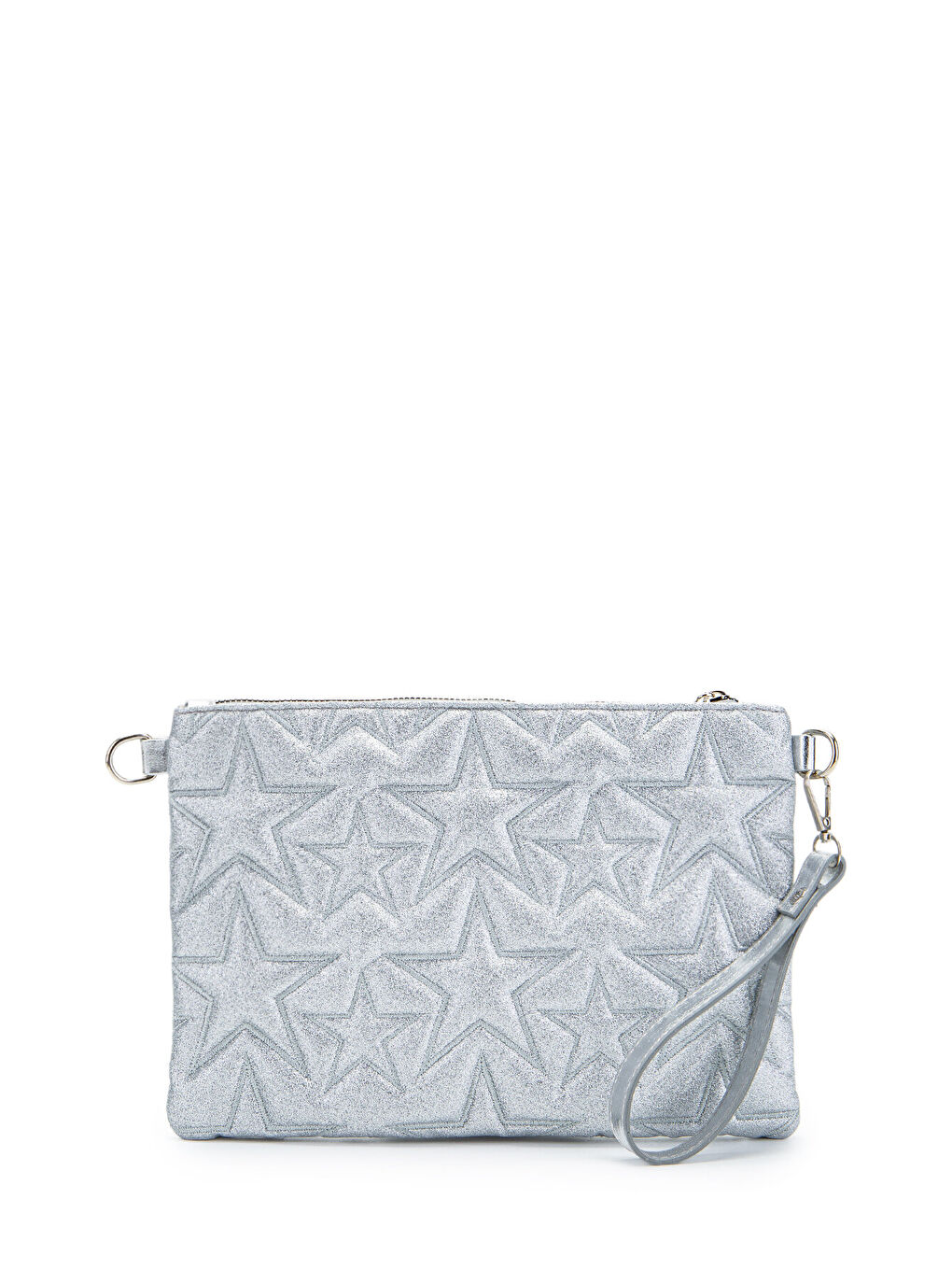Gri Yıldız Dikişli Clutch Star Kadın Çanta Simli Gümüş-1