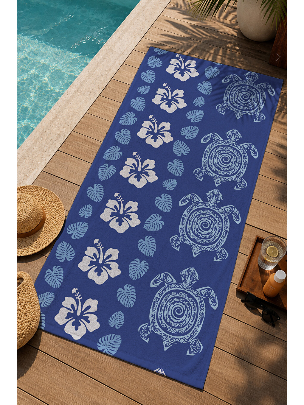 Lacivert Deniz Kaplumbağası Ve Hibiskus Çiçeği 70x150 Cm Dijital Baskılı Plaj Ve Banyo Havlusu-2