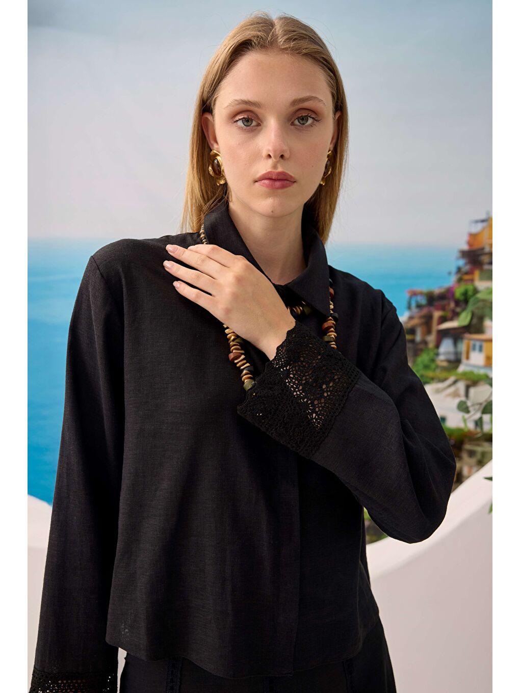 Güpürlü Keten Etekli Takım Siyah-1