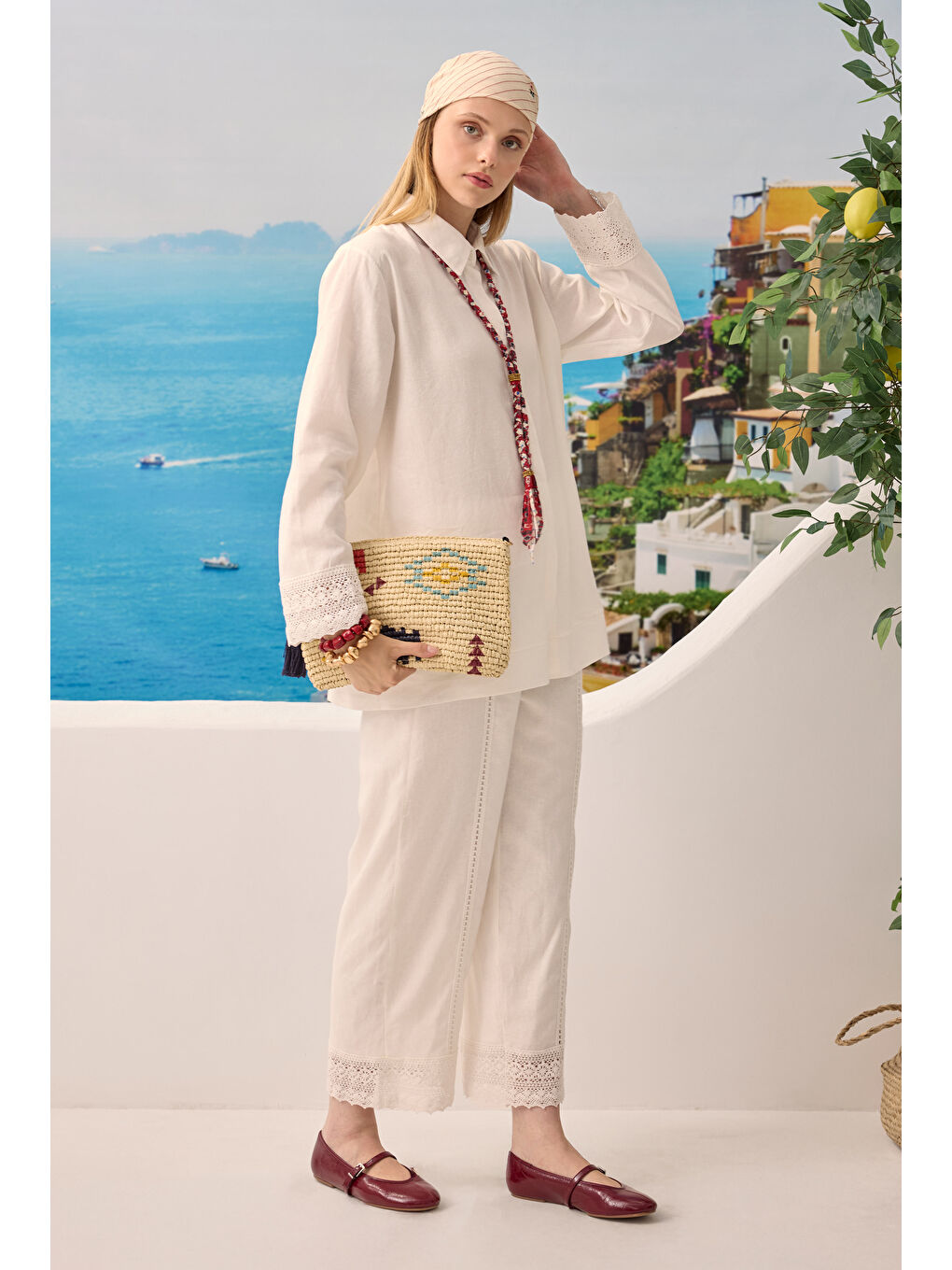 Güpürlü Keten Pantolonlu Takım Ekru-3