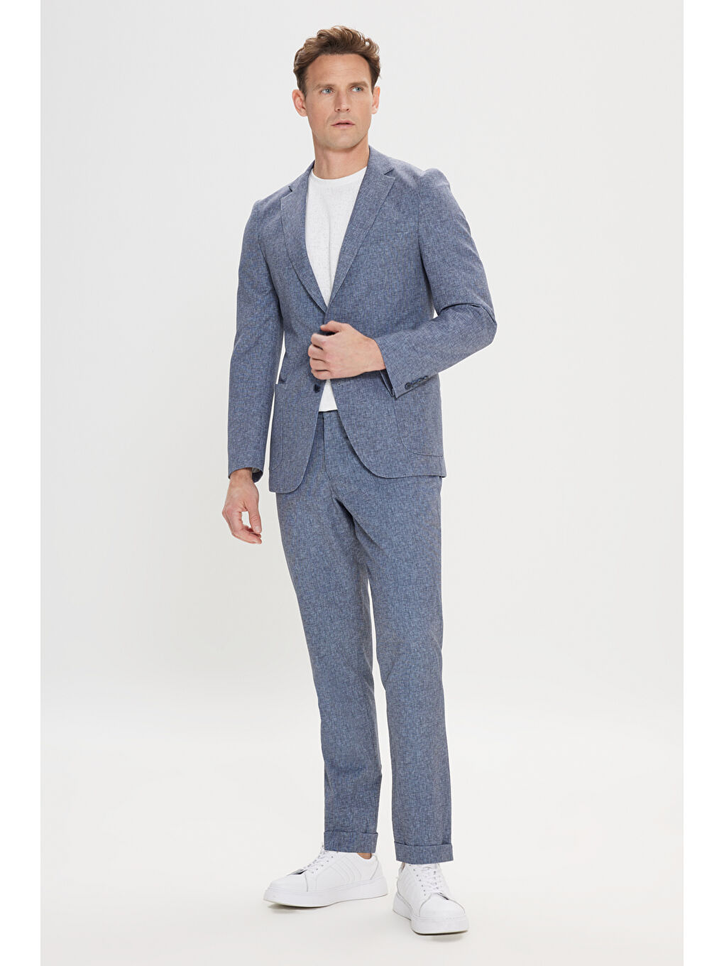 Erkek Lacivert Slim Fit Mono Yaka Beli Bağlamalı Desenli Takım Elbise-1