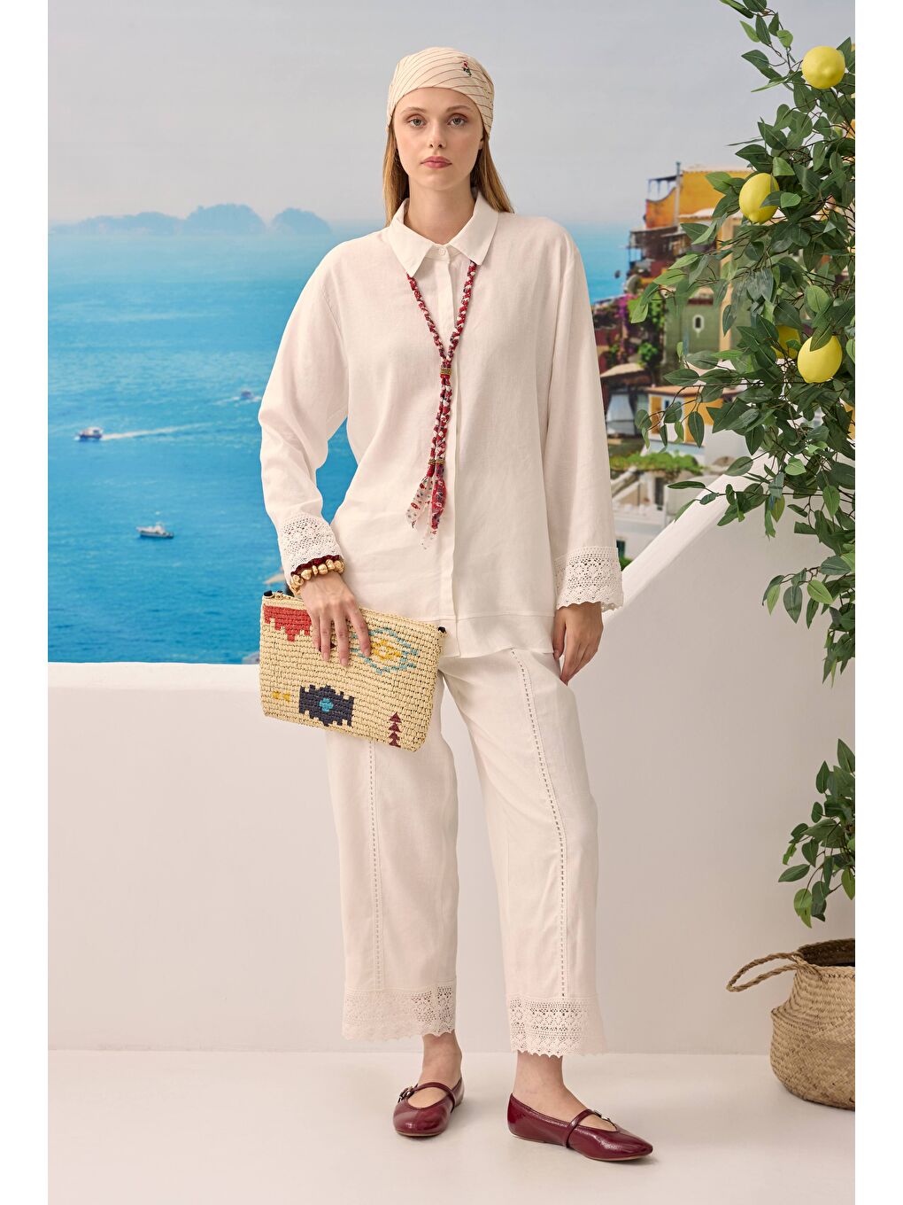Güpürlü Keten Pantolonlu Takım Ekru-4