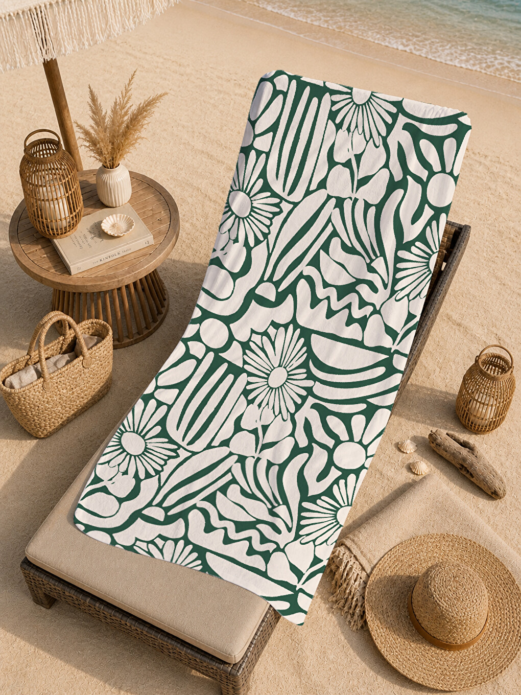 Lila Ekru Yeşil Botanik Çizgisel Yaprak Desenli 70x150 Cm Dijital Baskılı Plaj Ve Banyo Havlusu-4