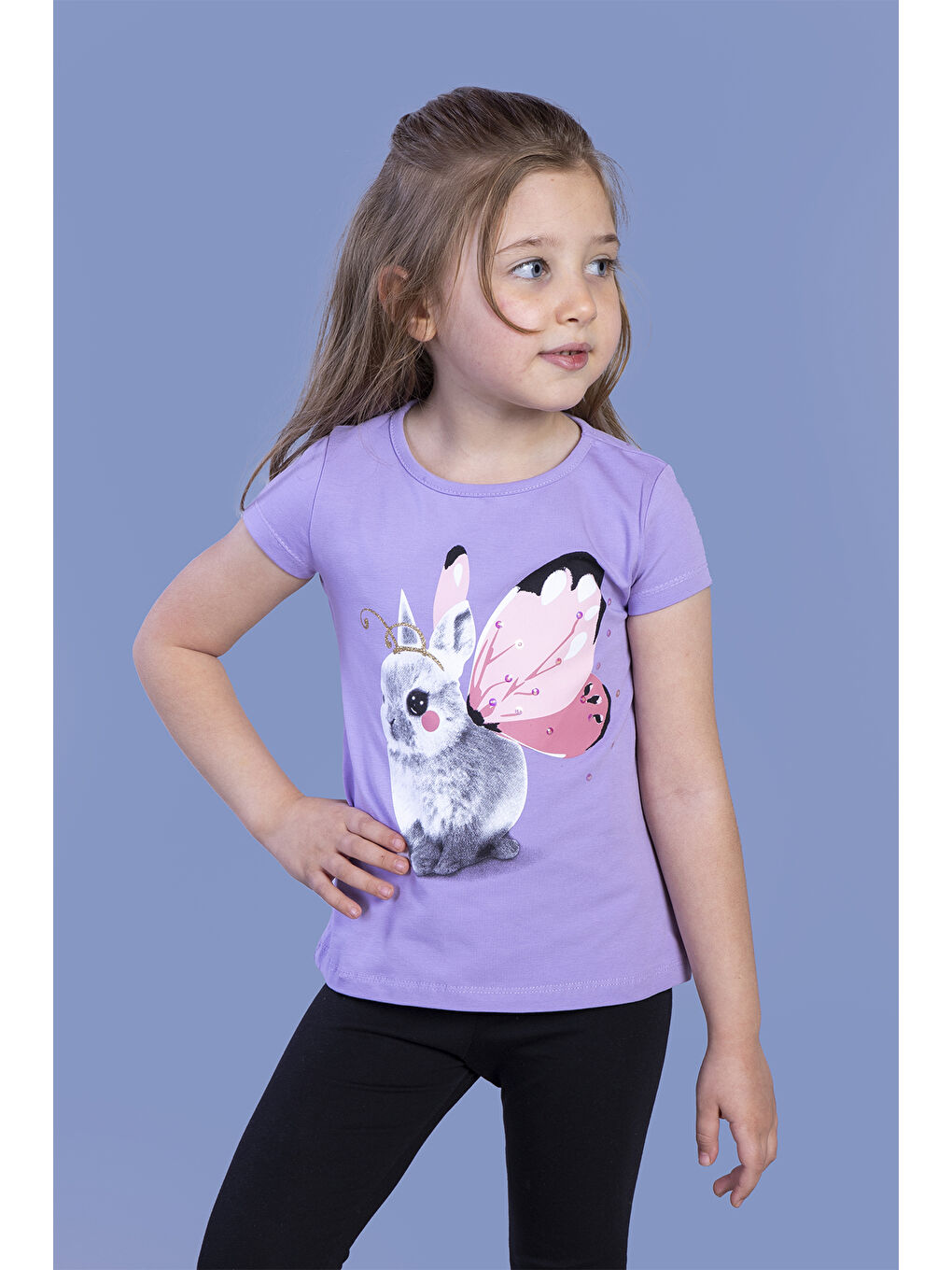 Lila Kız Çocuk Tavşan Baskılı Pul İşlemeli Tişört