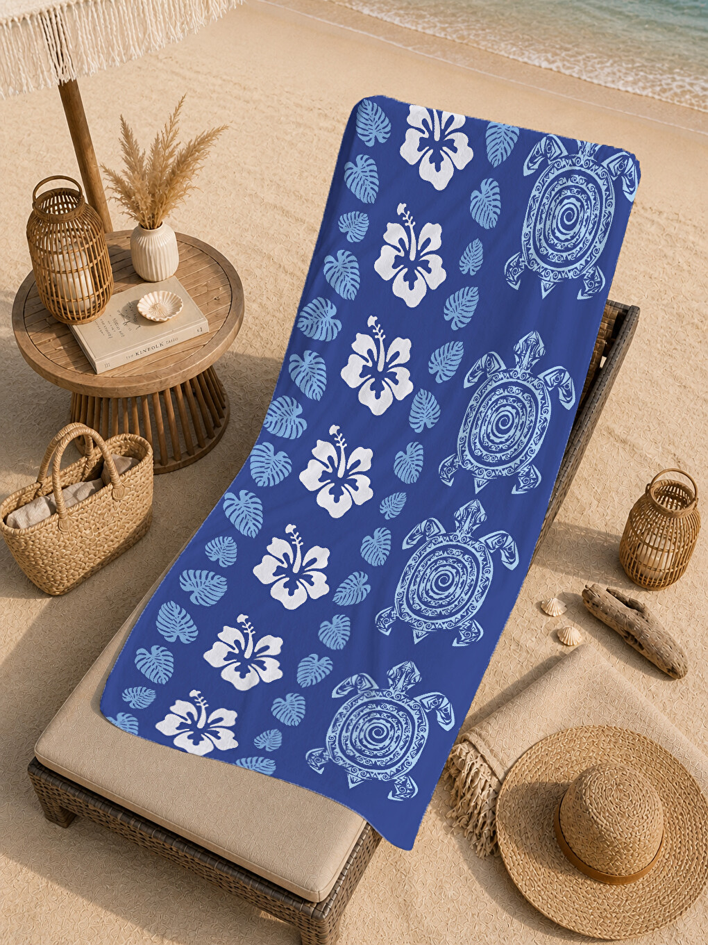Lacivert Deniz Kaplumbağası Ve Hibiskus Çiçeği 70x150 Cm Dijital Baskılı Plaj Ve Banyo Havlusu-4