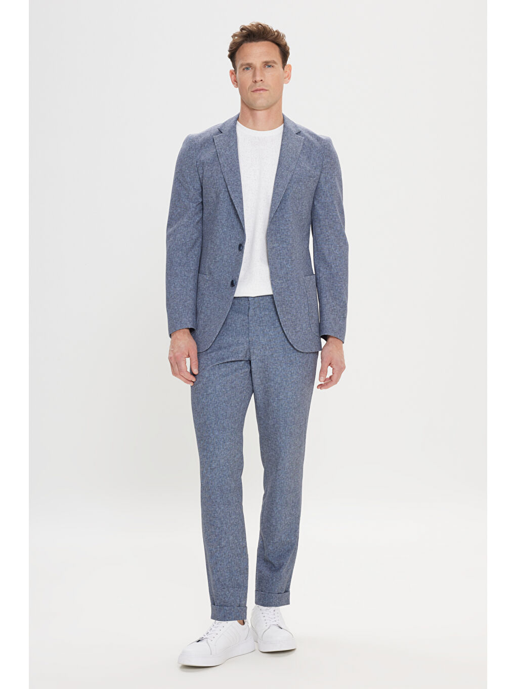 Erkek Lacivert Slim Fit Mono Yaka Beli Bağlamalı Desenli Takım Elbise-3