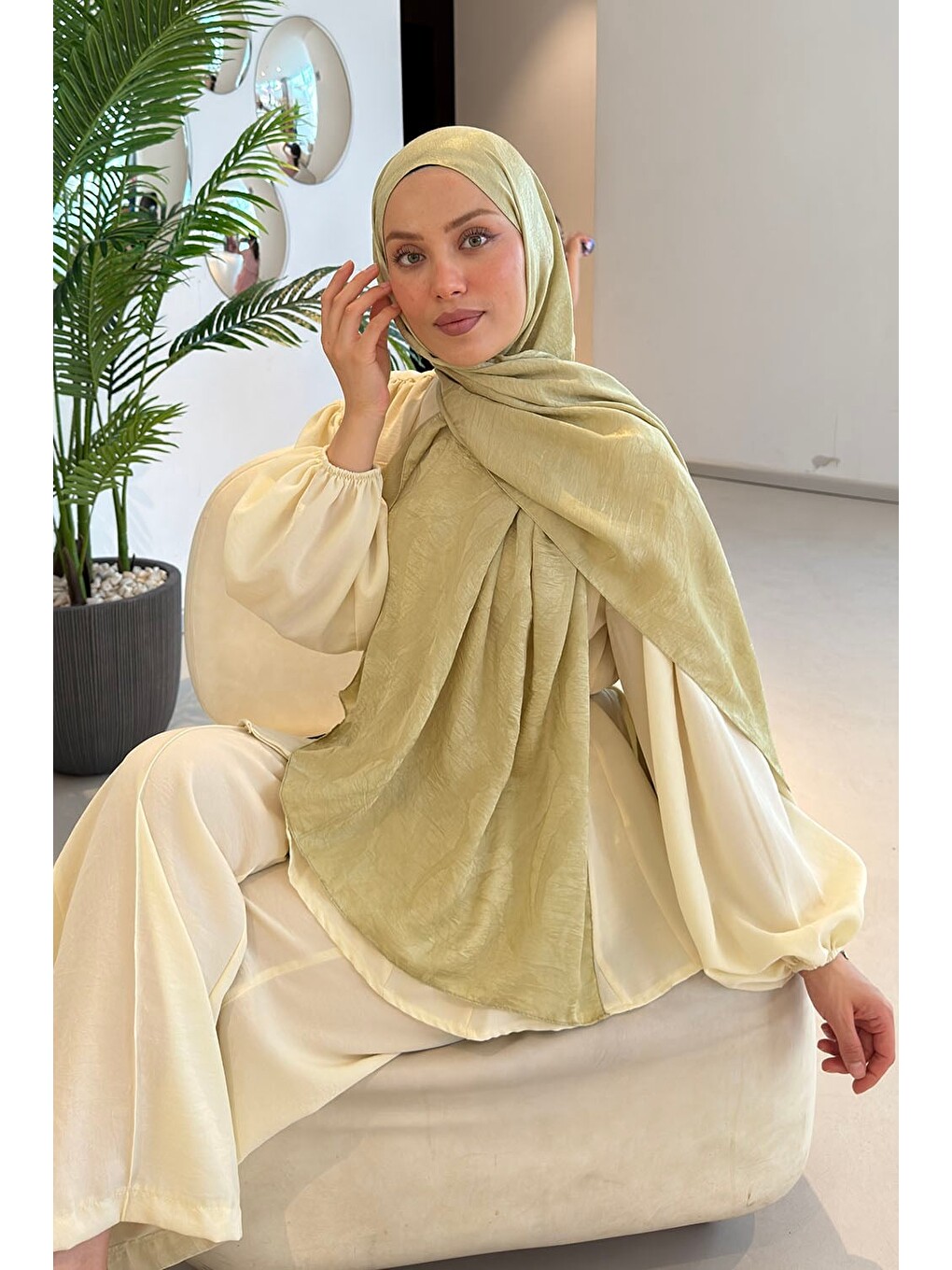 Ağaçdalı Desen Ayrobin Floş Jakar Şal Mint Yeşili-1