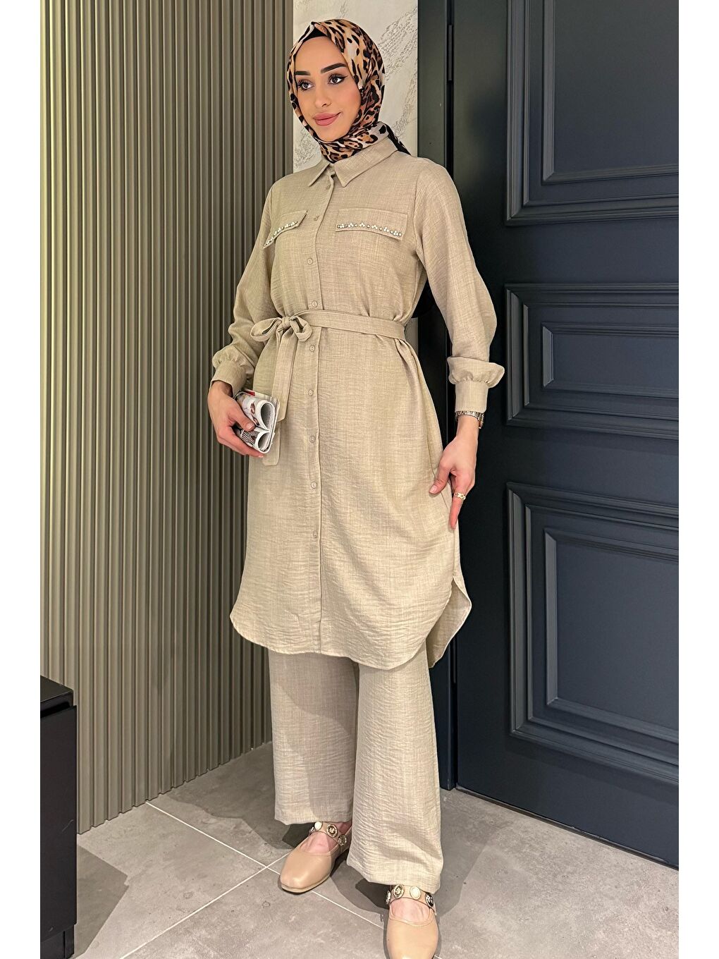 Bej Kadın İnci Ve Taş İşlemeli Kuşak Detaylı Tunik Pantolon Tesettür İkili Takım-3