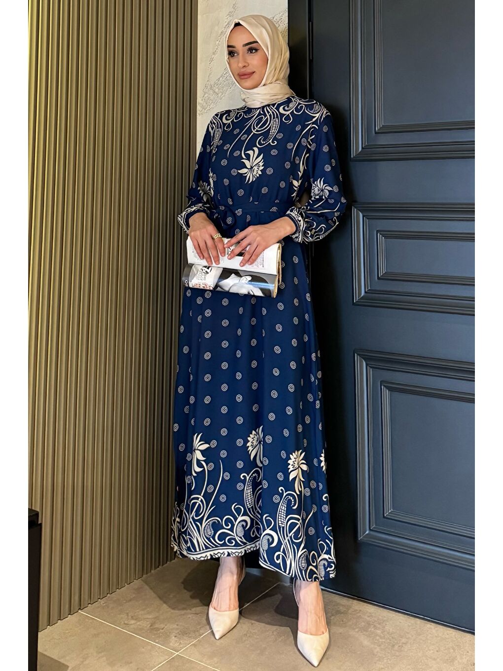 İndigo Kadın Desenli Bel Kuşaklı Büyük Beden Tesettür Viskon Elbise-2