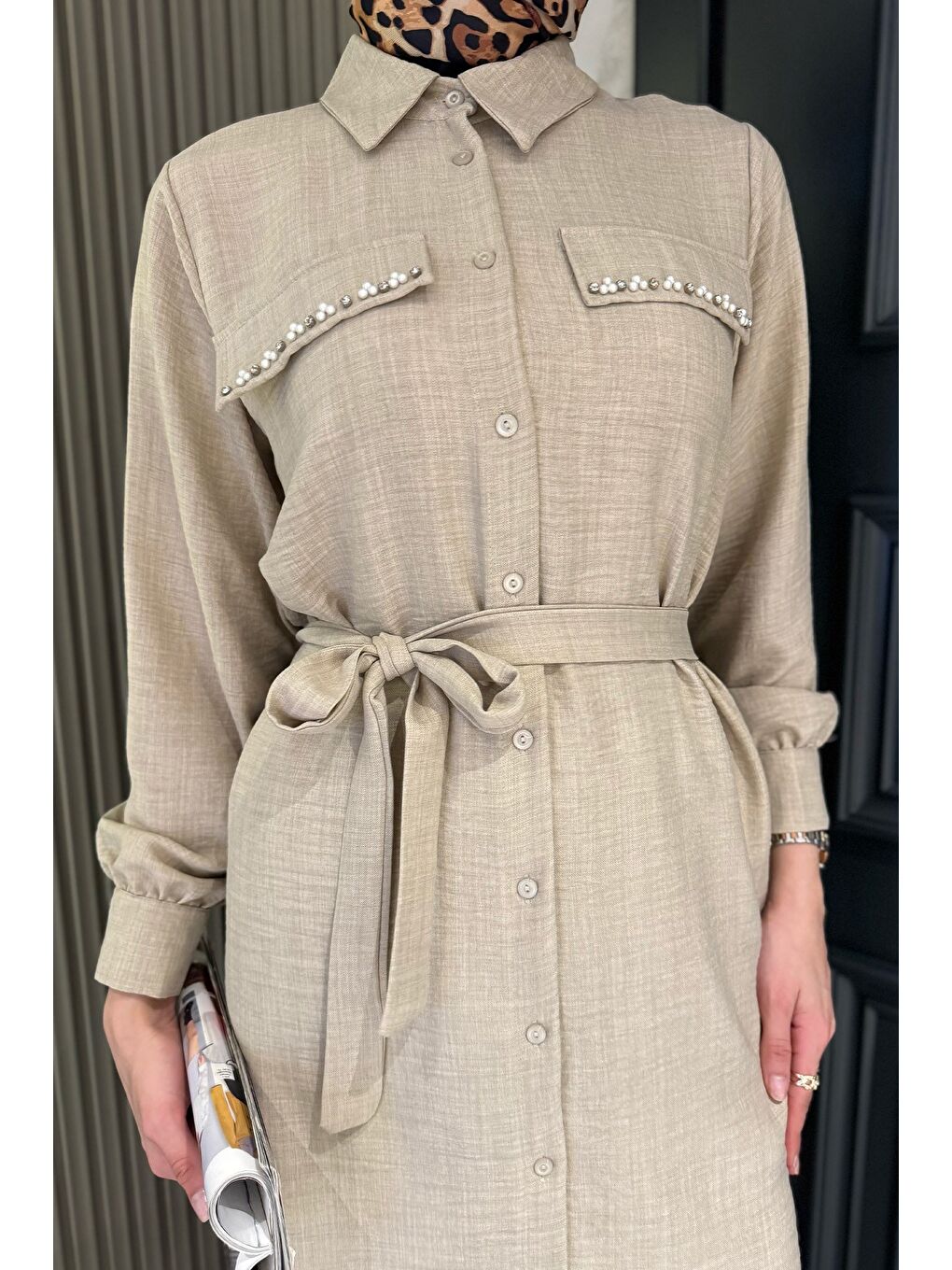 Bej Kadın İnci Ve Taş İşlemeli Kuşak Detaylı Tunik Pantolon Tesettür İkili Takım-5