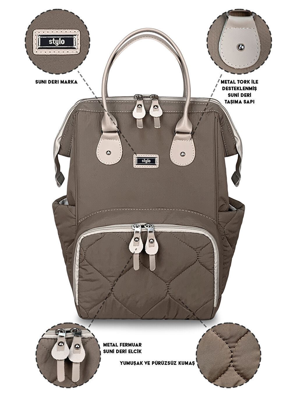 Victoria Kapitone Anne Bebek Bakım Sırt Çantası Vizon-1