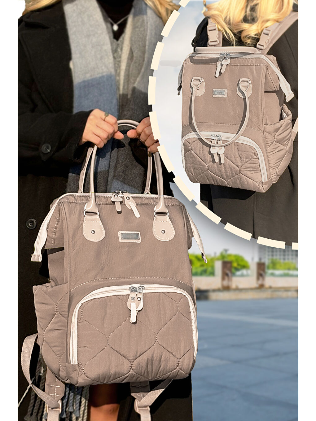 Victoria Kapitone Anne Bebek Bakım Sırt Çantası Vizon-3