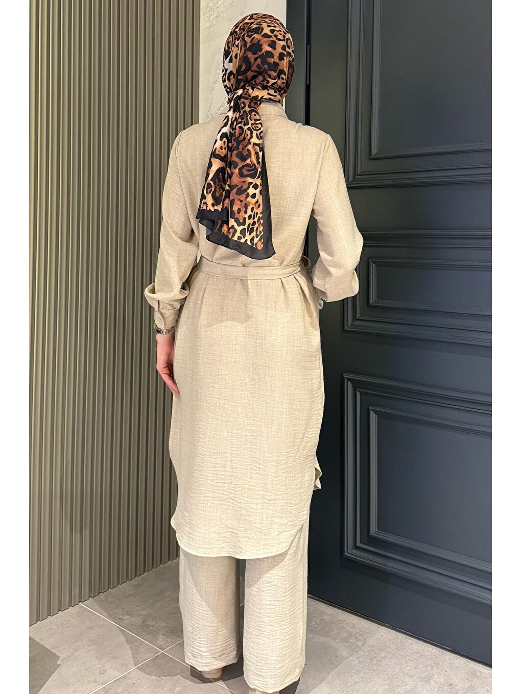 Bej Kadın İnci Ve Taş İşlemeli Kuşak Detaylı Tunik Pantolon Tesettür İkili Takım-7