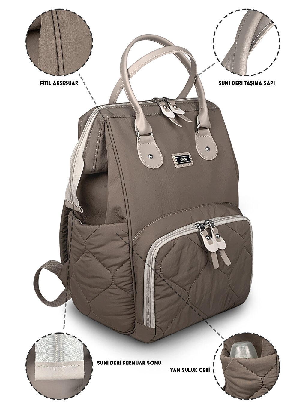 Victoria Kapitone Anne Bebek Bakım Sırt Çantası Vizon-7