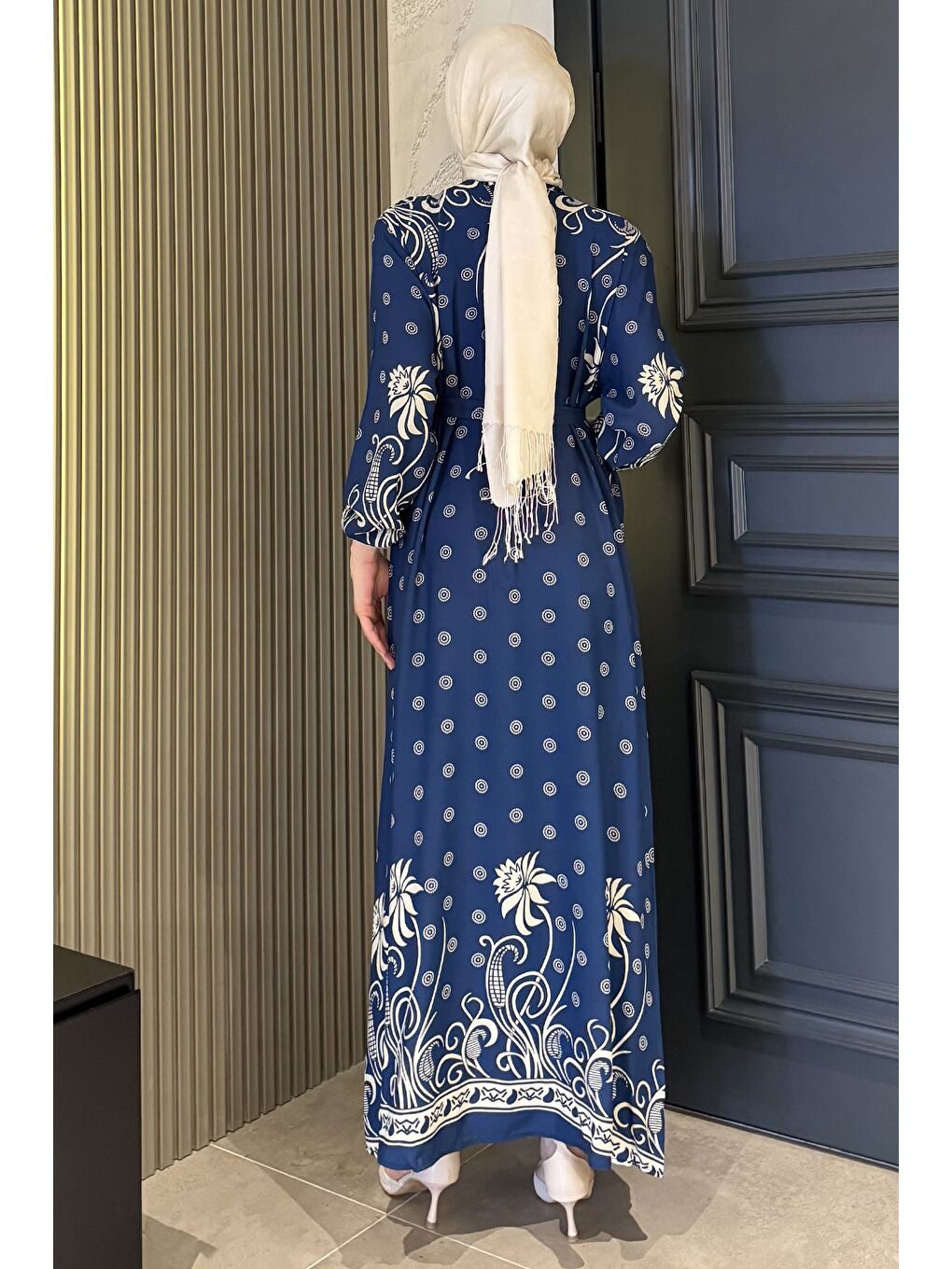 İndigo Kadın Desenli Bel Kuşaklı Büyük Beden Tesettür Viskon Elbise-7