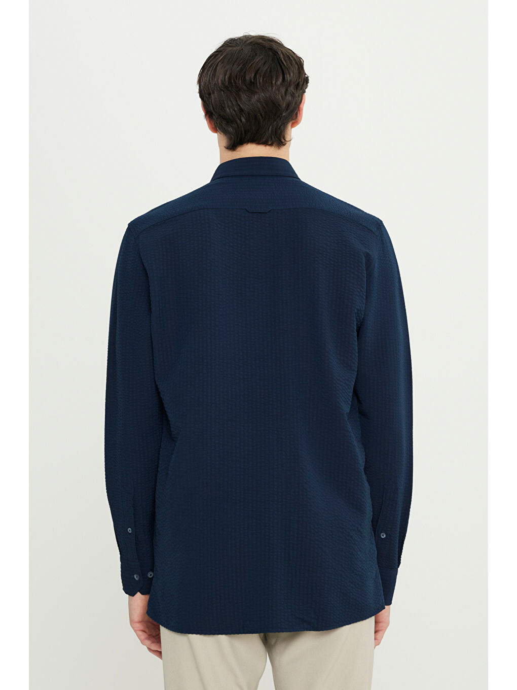 Erkek Lacivert Slim Fit Dar Kesim Düğmeli Yaka %100 Pamuk Gömlek-5