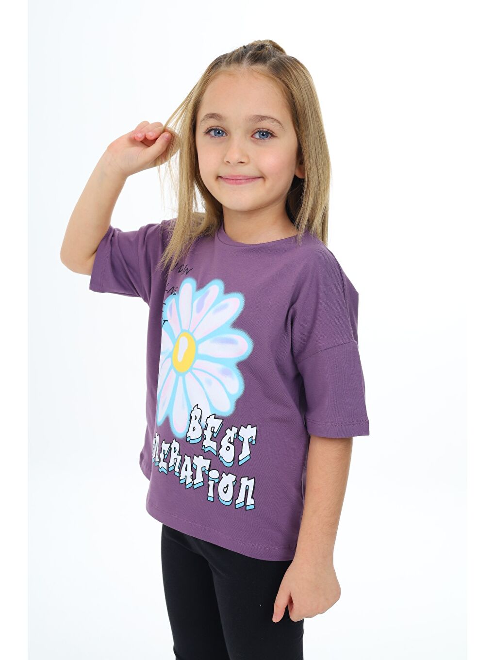 Mor Kız Çocuk Baskılı Tişört-1