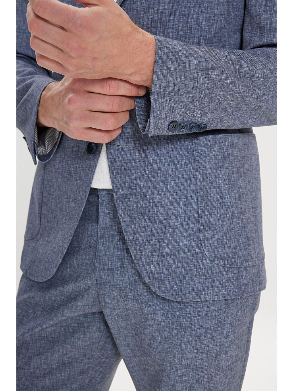 Erkek Lacivert Slim Fit Mono Yaka Beli Bağlamalı Desenli Takım Elbise-5