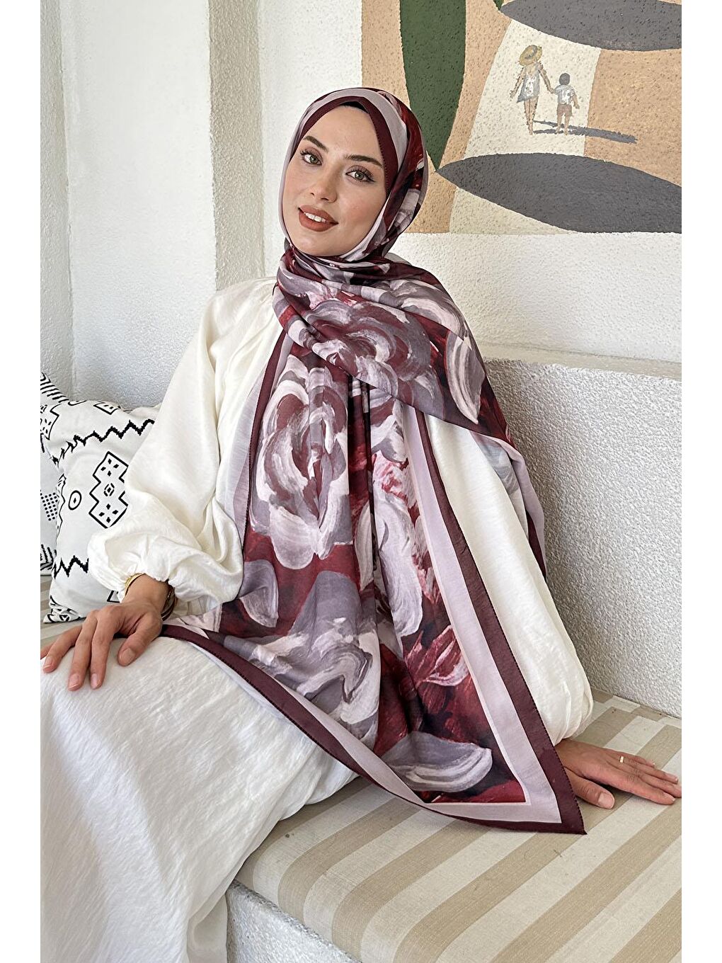 Çiçek Desen Pamuk Şal Koyu Bordo