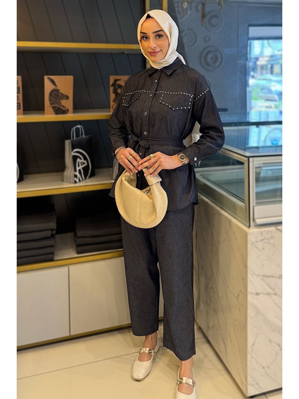 Lacivert Kadın Taş İşlemeli Kuşaklı Tesettür Jean Tunik Pantolon İkili Takım-2