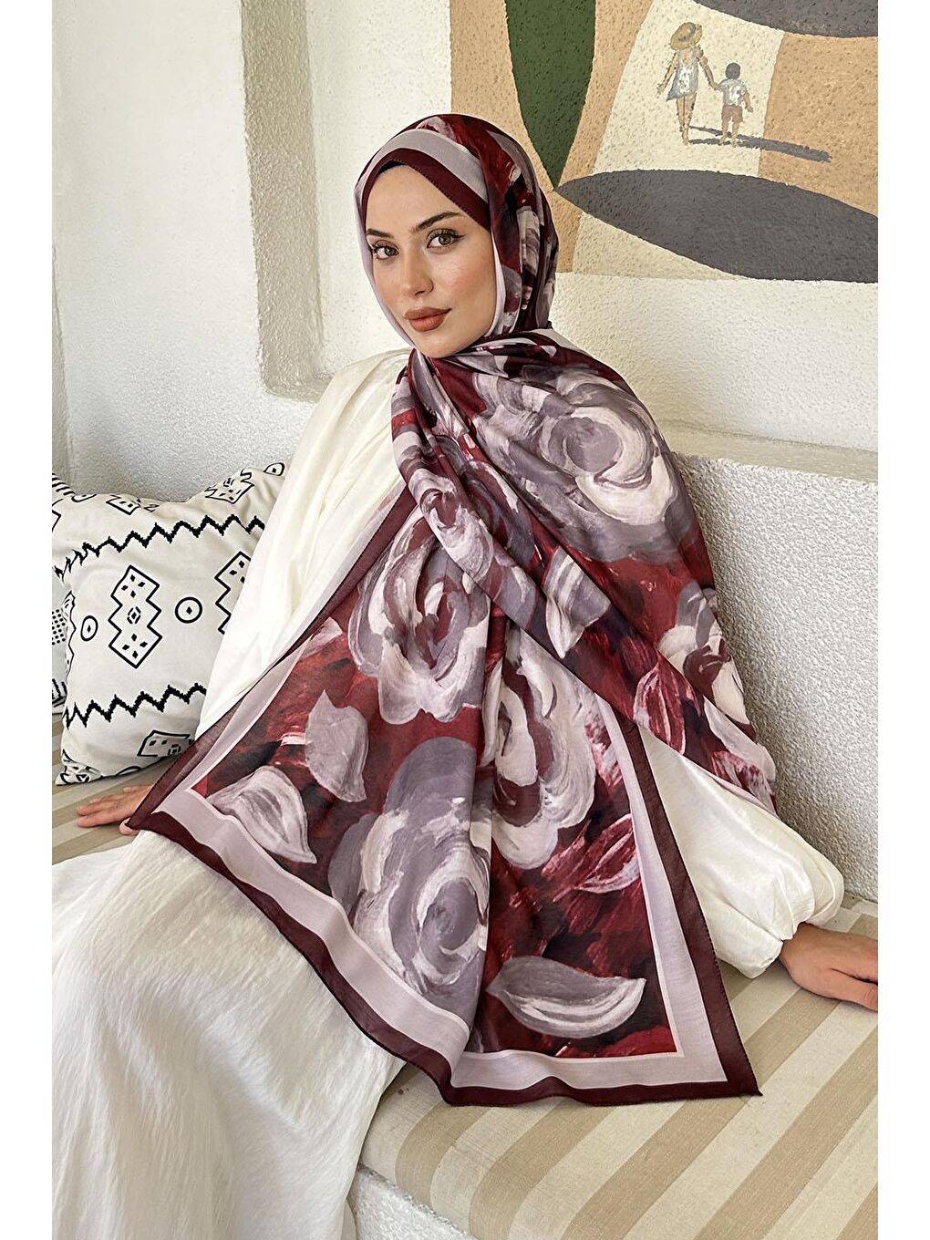 Çiçek Desen Pamuk Şal Koyu Bordo-1